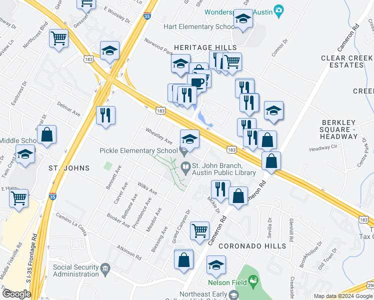 map of restaurants, bars, coffee shops, grocery stores, and more near 7607 Providence Avenue in Austin