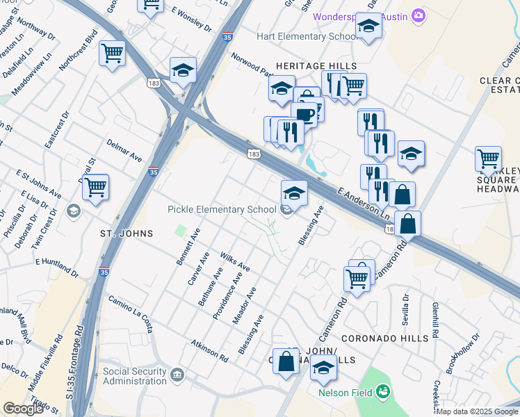 map of restaurants, bars, coffee shops, grocery stores, and more near 7601 Bethune Avenue in Austin