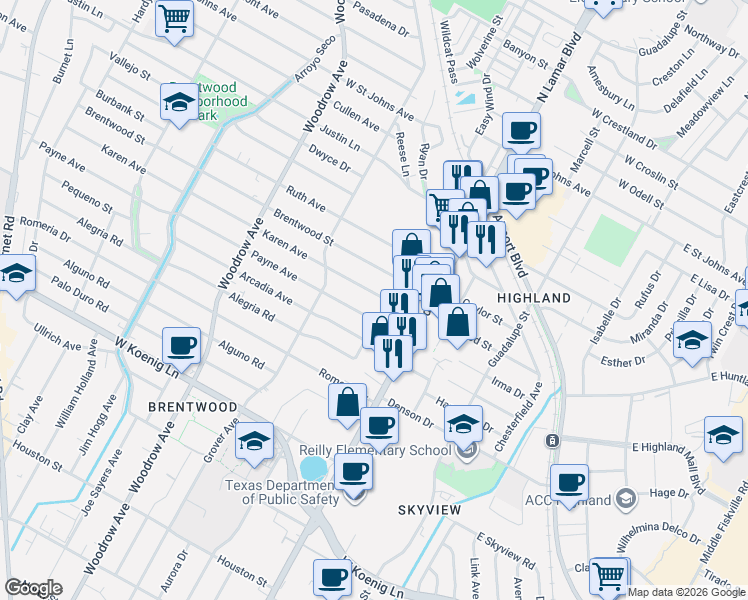 map of restaurants, bars, coffee shops, grocery stores, and more near 906 Karen Avenue in Austin