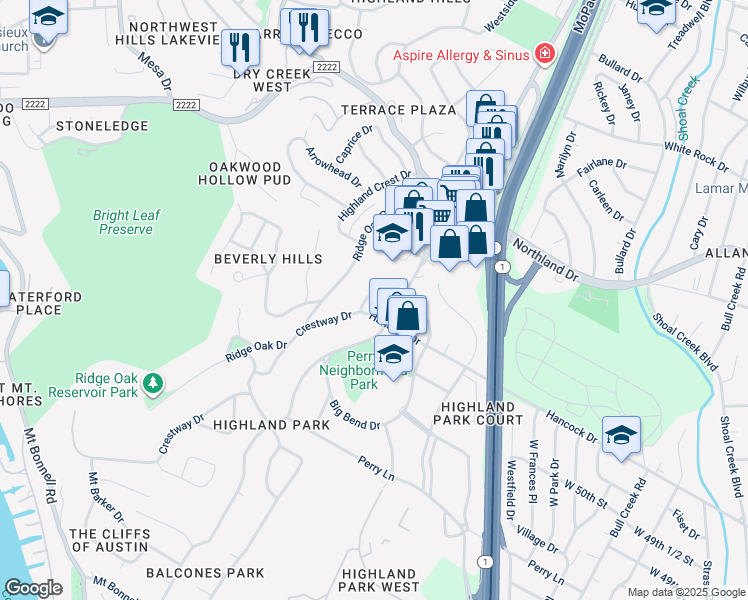 map of restaurants, bars, coffee shops, grocery stores, and more near 5104 Crestway Drive in Austin