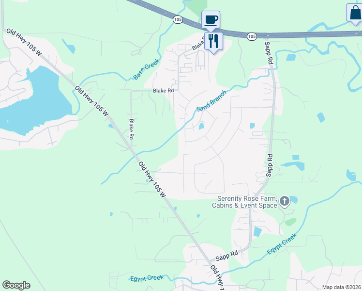 map of restaurants, bars, coffee shops, grocery stores, and more near 1524 West Creek Drive in Conroe