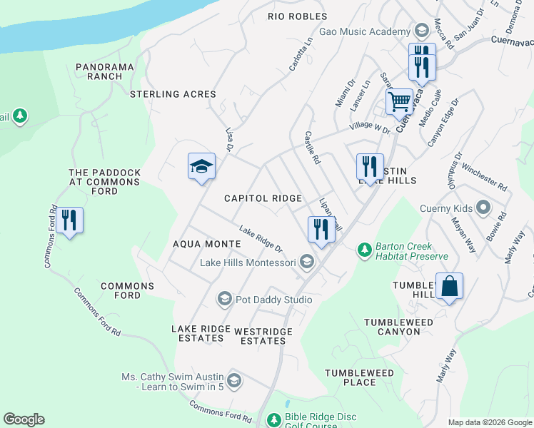map of restaurants, bars, coffee shops, grocery stores, and more near 9904 Cerro Alto Cove in Austin