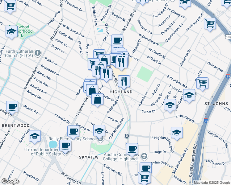 map of restaurants, bars, coffee shops, grocery stores, and more near in Austin