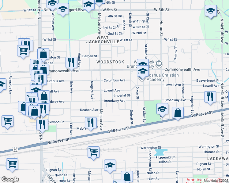 map of restaurants, bars, coffee shops, grocery stores, and more near 3070 Lowell Avenue in Jacksonville