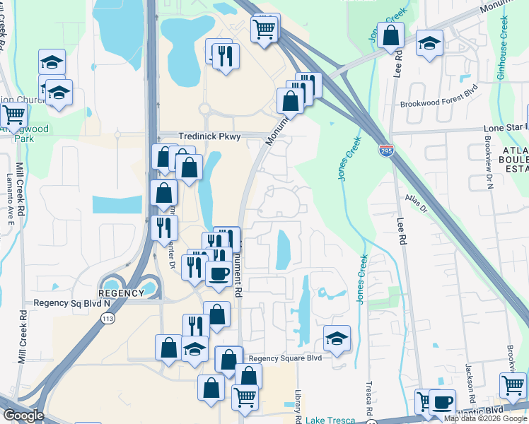 map of restaurants, bars, coffee shops, grocery stores, and more near 653 Monument Road in Jacksonville