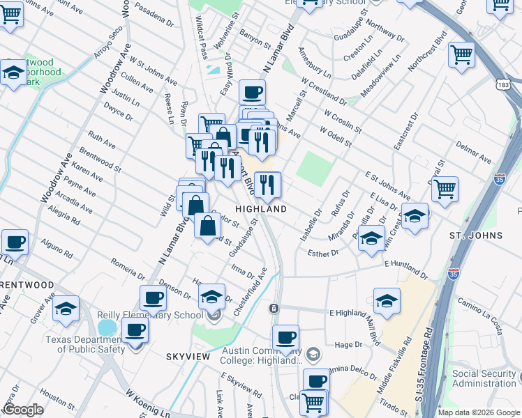 map of restaurants, bars, coffee shops, grocery stores, and more near in Austin