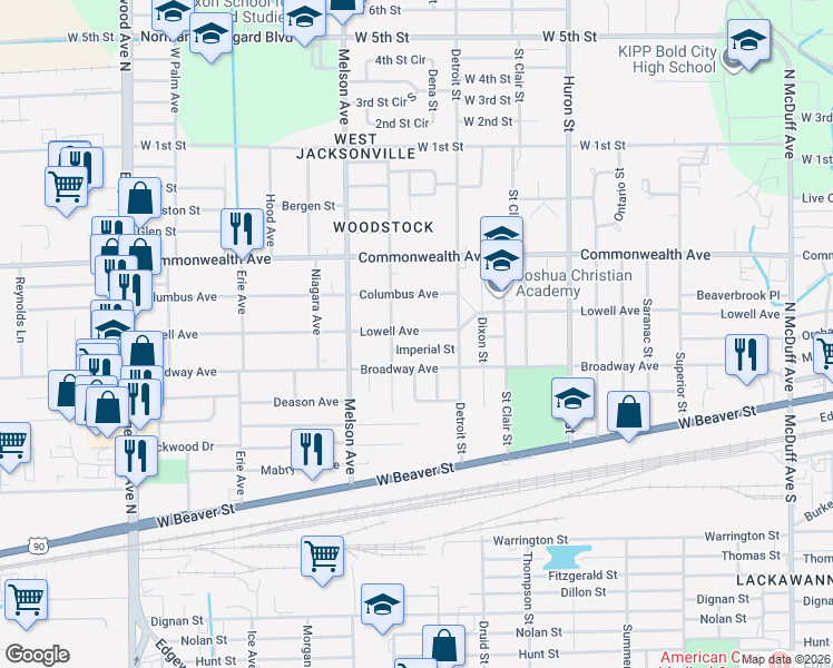 map of restaurants, bars, coffee shops, grocery stores, and more near 3055 Lowell Avenue in Jacksonville