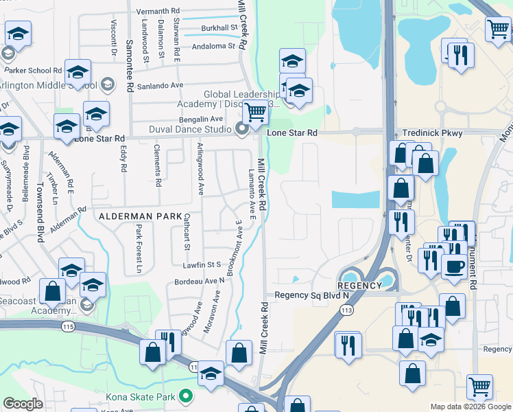 map of restaurants, bars, coffee shops, grocery stores, and more near 8541 Elondo Street in Jacksonville