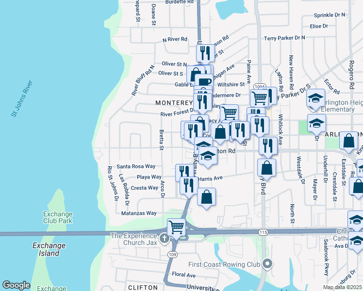 map of restaurants, bars, coffee shops, grocery stores, and more near 1322 Easter Street in Jacksonville