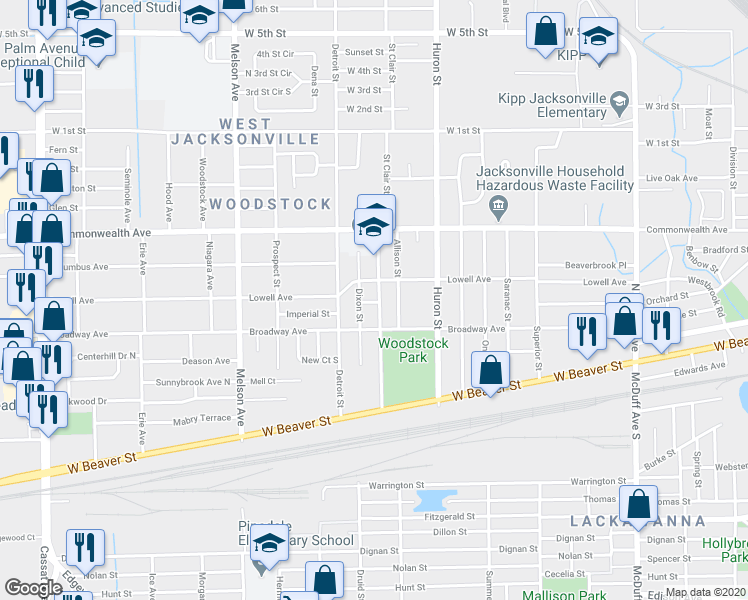 map of restaurants, bars, coffee shops, grocery stores, and more near 875 Dixon Street in Jacksonville