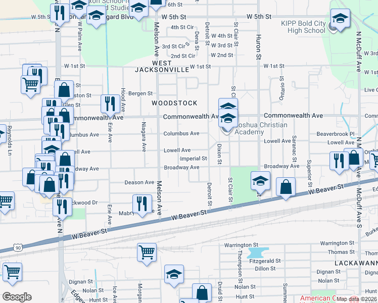 map of restaurants, bars, coffee shops, grocery stores, and more near 3055 Lowell Avenue in Jacksonville