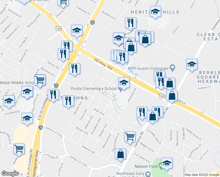 map of restaurants, bars, coffee shops, grocery stores, and more near 7601 Bethune Avenue in Austin