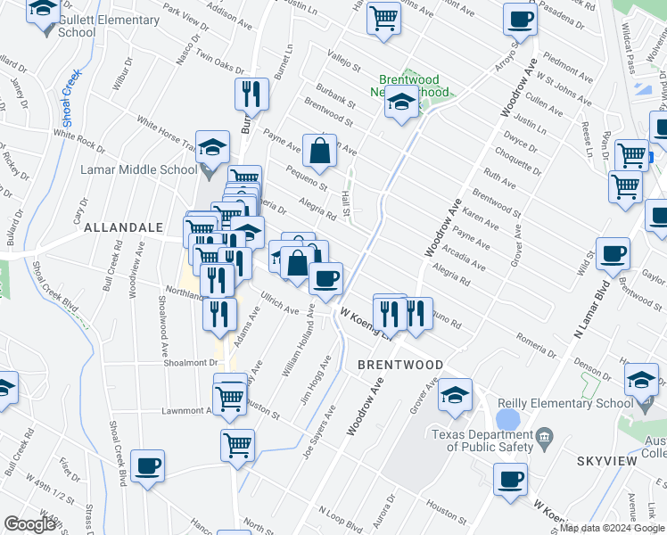 map of restaurants, bars, coffee shops, grocery stores, and more near 1805 Alguno Road in Austin