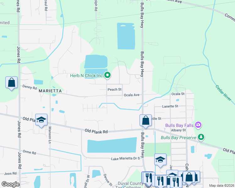 map of restaurants, bars, coffee shops, grocery stores, and more near 8554 Peach Street in Jacksonville