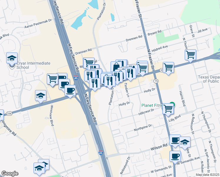 map of restaurants, bars, coffee shops, grocery stores, and more near 2102 Plantation Drive in Conroe