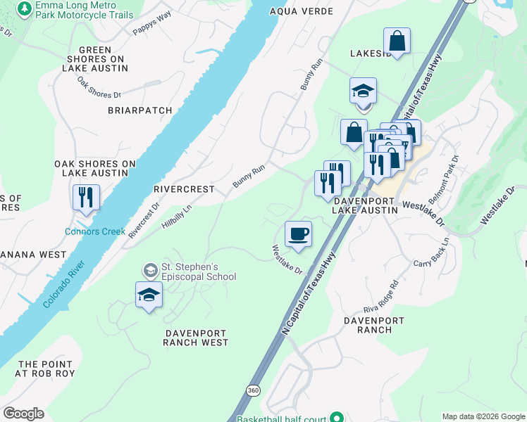 map of restaurants, bars, coffee shops, grocery stores, and more near 4501 Westlake Drive in Austin