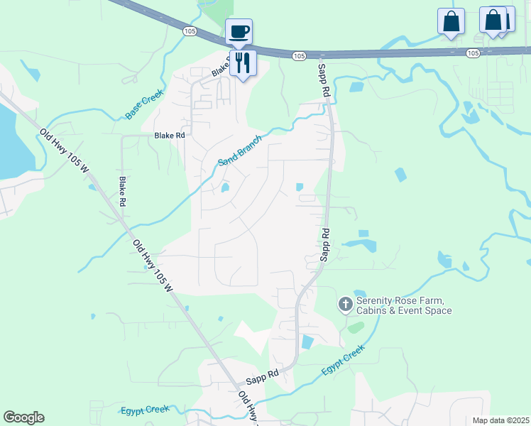 map of restaurants, bars, coffee shops, grocery stores, and more near Lost Timbers Drive in Conroe