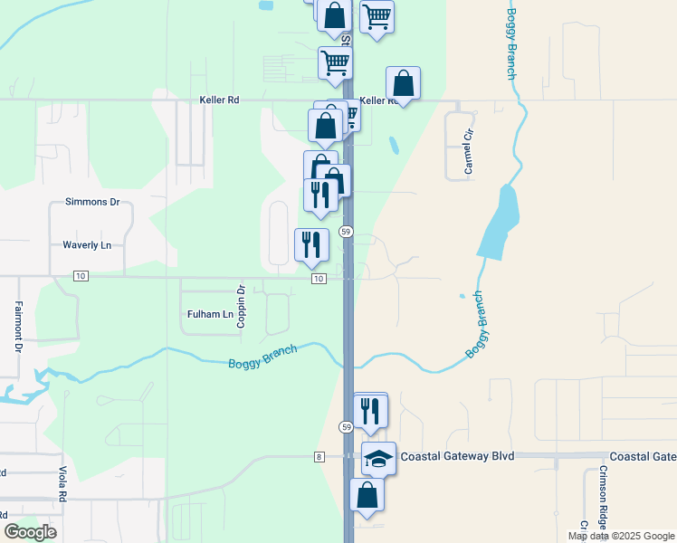 map of restaurants, bars, coffee shops, grocery stores, and more near 7525 Alabama 59 in Foley