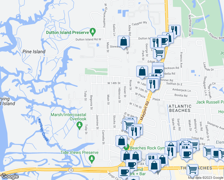 map of restaurants, bars, coffee shops, grocery stores, and more near 1266 Stocks Street in Atlantic Beach