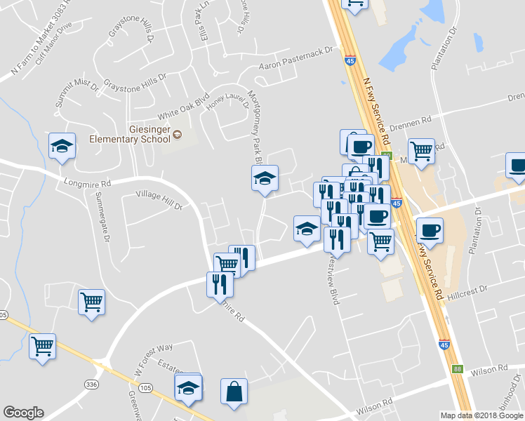 map of restaurants, bars, coffee shops, grocery stores, and more near 2271 Montgomery Park Boulevard in Conroe