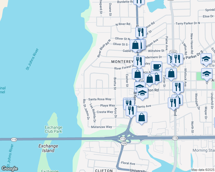 map of restaurants, bars, coffee shops, grocery stores, and more near 1327 Hollyhock Circle East in Jacksonville