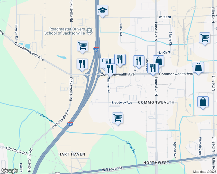 map of restaurants, bars, coffee shops, grocery stores, and more near 903 Suemac Rd in Jacksonville