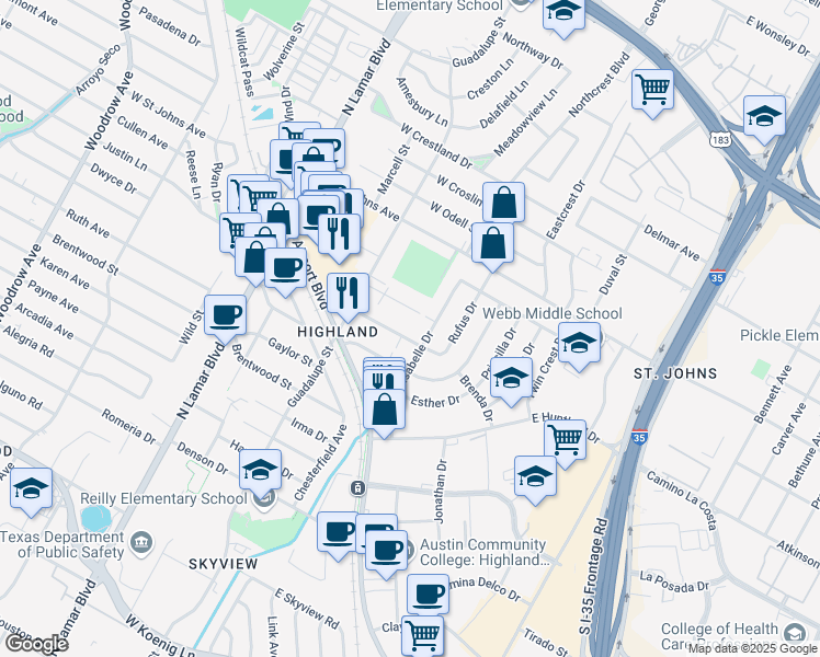 map of restaurants, bars, coffee shops, grocery stores, and more near 407 Swanee Drive in Austin