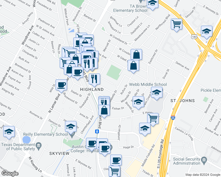 map of restaurants, bars, coffee shops, grocery stores, and more near 407 Swanee Drive in Austin