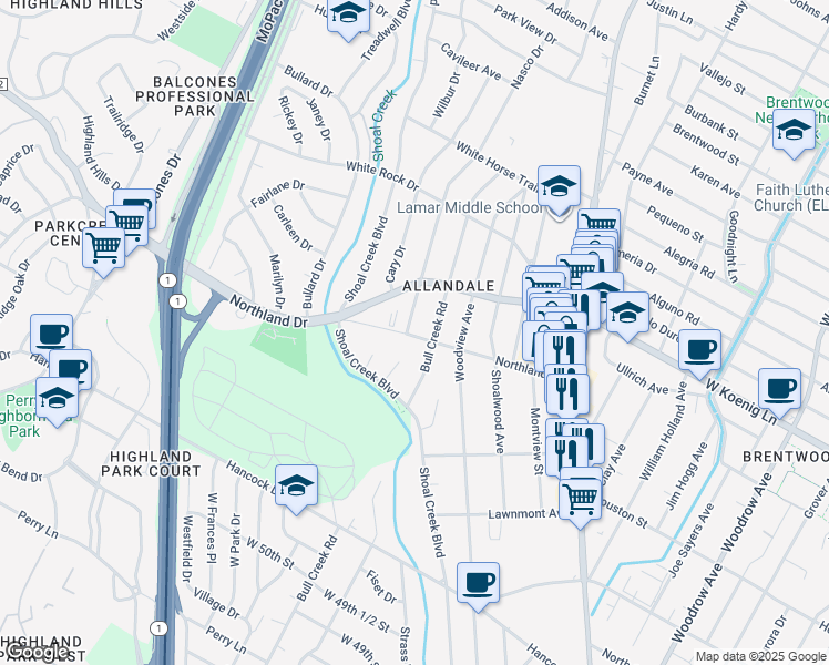 map of restaurants, bars, coffee shops, grocery stores, and more near 5705 Nasco Drive in Austin