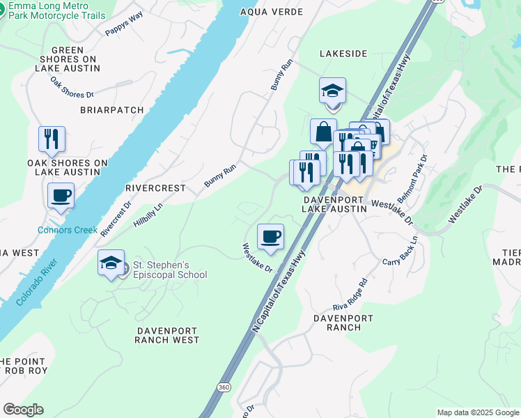 map of restaurants, bars, coffee shops, grocery stores, and more near 4501 Westlake Drive in Austin