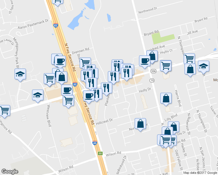 map of restaurants, bars, coffee shops, grocery stores, and more near 2080 Plantation Drive in Conroe