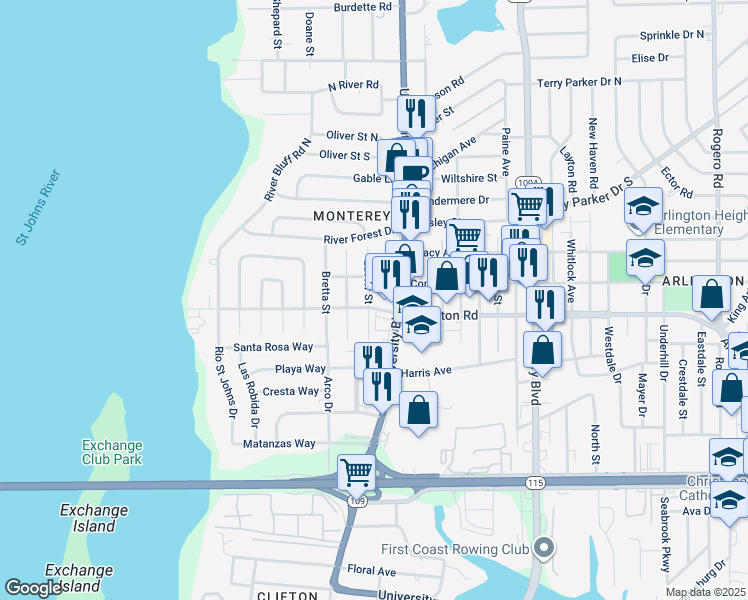 map of restaurants, bars, coffee shops, grocery stores, and more near 5541 Arlington Road in Jacksonville