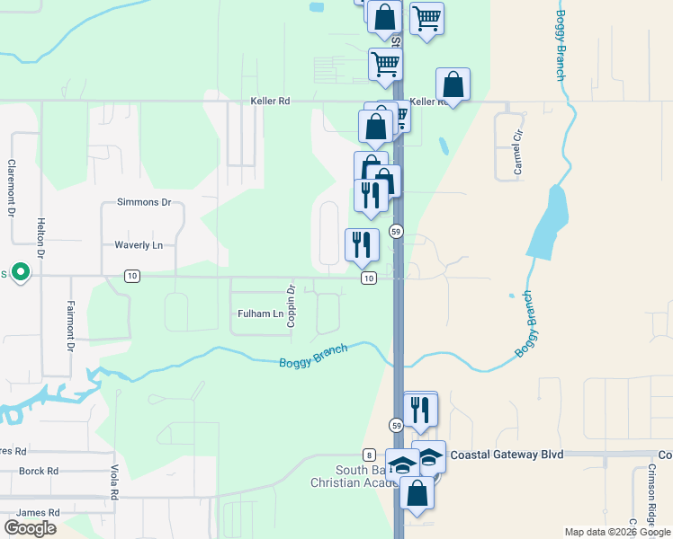 map of restaurants, bars, coffee shops, grocery stores, and more near 7574 Audubon Drive in Foley