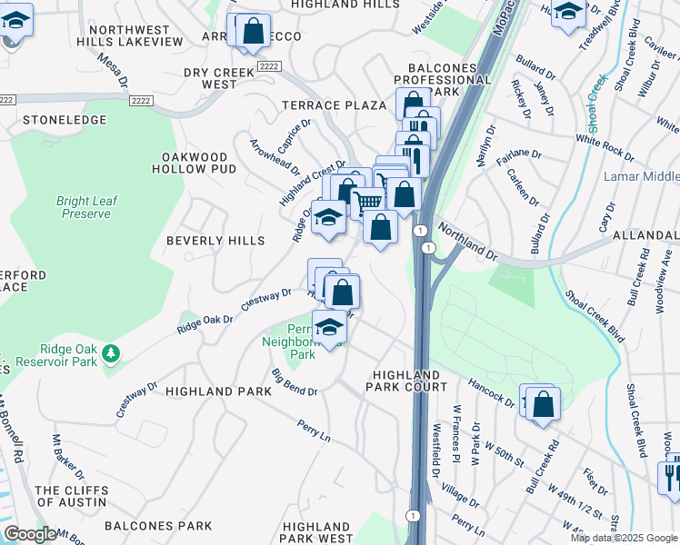 map of restaurants, bars, coffee shops, grocery stores, and more near 5202 Balcones Drive in Austin