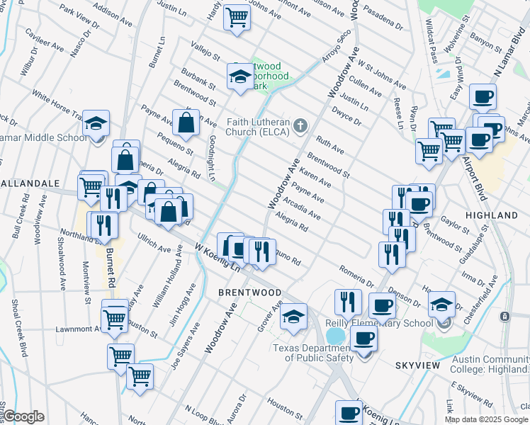 map of restaurants, bars, coffee shops, grocery stores, and more near 1401 Alegria Road in Austin