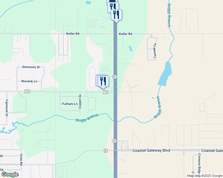 map of restaurants, bars, coffee shops, grocery stores, and more near 7525 Alabama 59 in Foley
