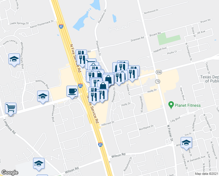 map of restaurants, bars, coffee shops, grocery stores, and more near 1205 North Loop 336 West in Conroe