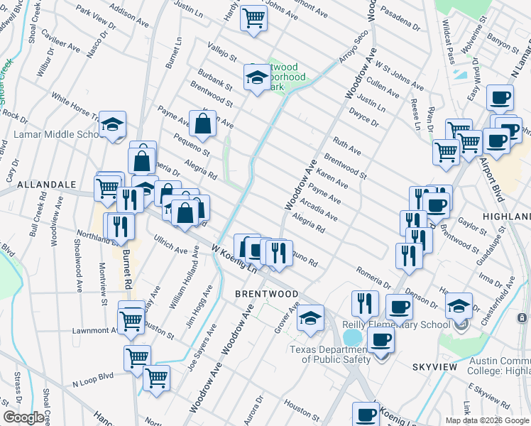 map of restaurants, bars, coffee shops, grocery stores, and more near 1405 Alegria Road in Austin