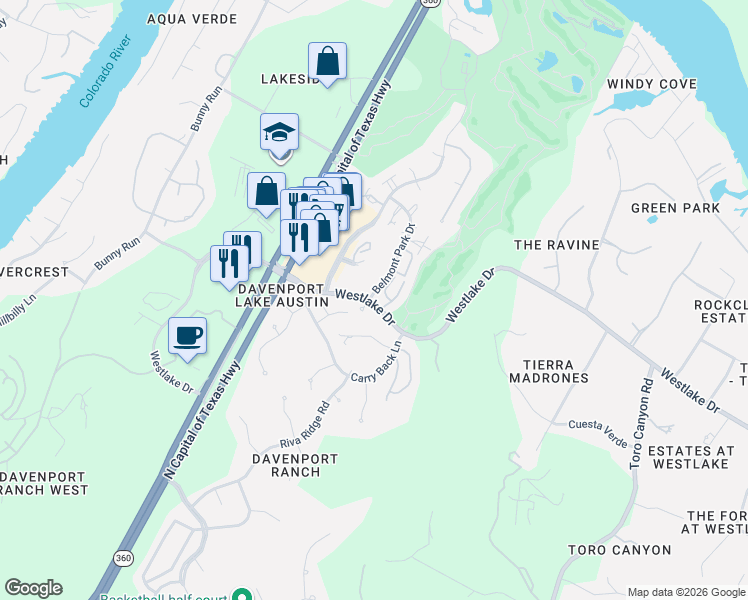 map of restaurants, bars, coffee shops, grocery stores, and more near 4100 Wayfarer Way in Austin