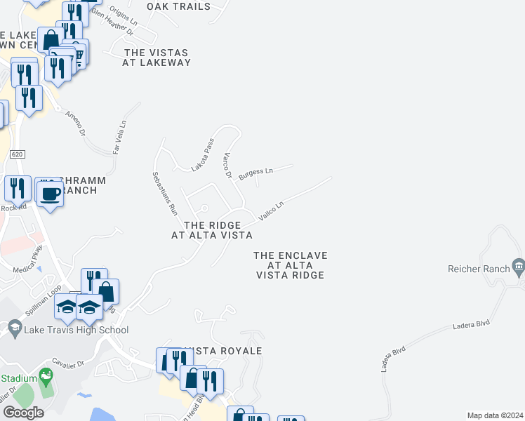 map of restaurants, bars, coffee shops, grocery stores, and more near 104 Vailco Lane in Austin