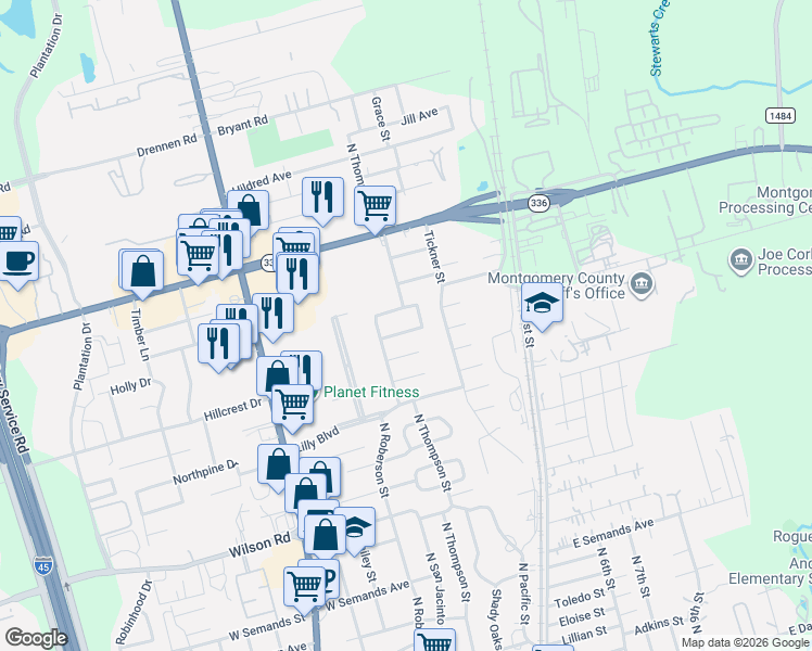 map of restaurants, bars, coffee shops, grocery stores, and more near 2028 North Thompson Street in Conroe