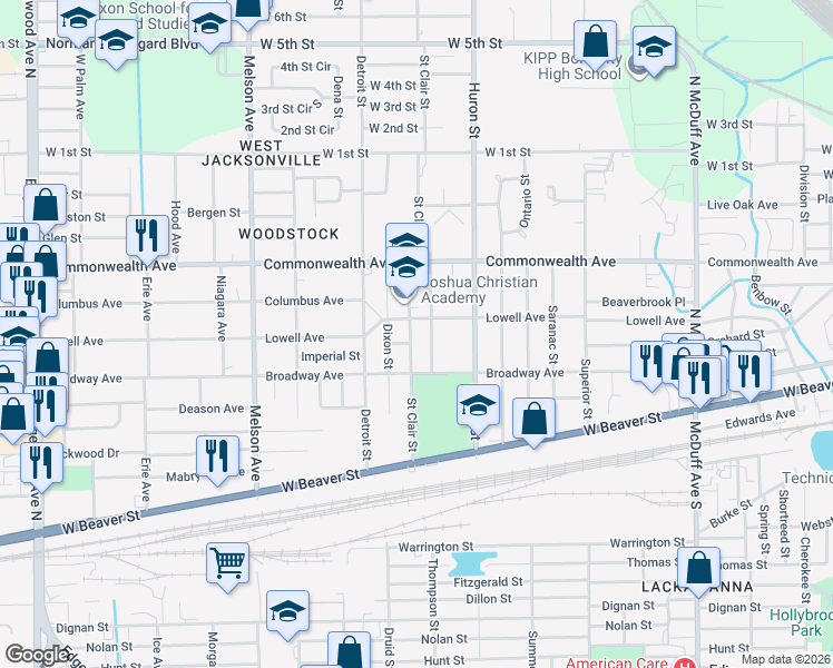 map of restaurants, bars, coffee shops, grocery stores, and more near 875 Dixon Street in Jacksonville