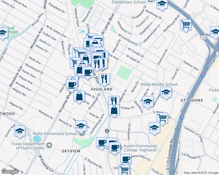 map of restaurants, bars, coffee shops, grocery stores, and more near 6809 Guadalupe Street in Austin