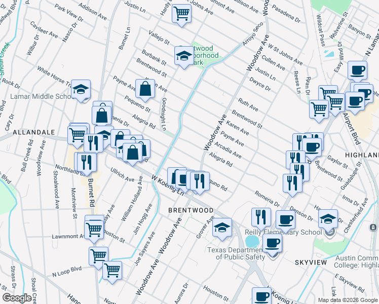 map of restaurants, bars, coffee shops, grocery stores, and more near 1405 Alegria Road in Austin