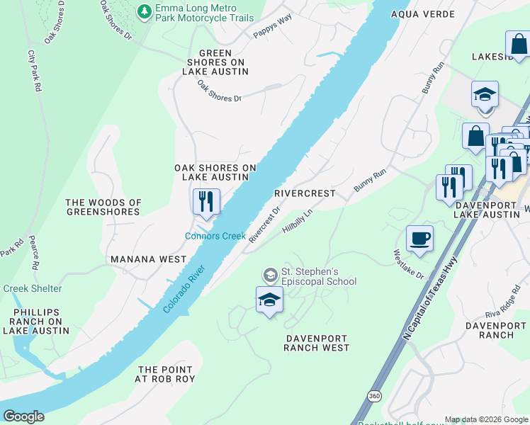 map of restaurants, bars, coffee shops, grocery stores, and more near 3104 Rivercrest Drive in Austin