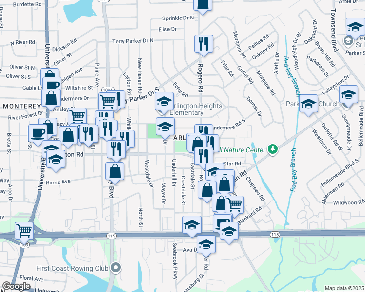 map of restaurants, bars, coffee shops, grocery stores, and more near 6549 Arlington Road in Jacksonville