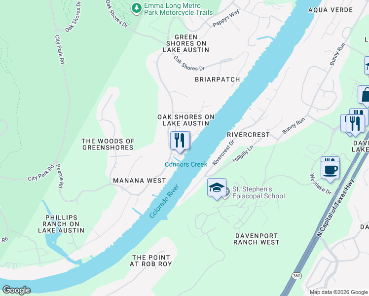 map of restaurants, bars, coffee shops, grocery stores, and more near 3111 Ski Shores Terrace in Austin