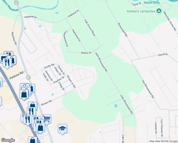 map of restaurants, bars, coffee shops, grocery stores, and more near 38420 Brown Road in Prairieville