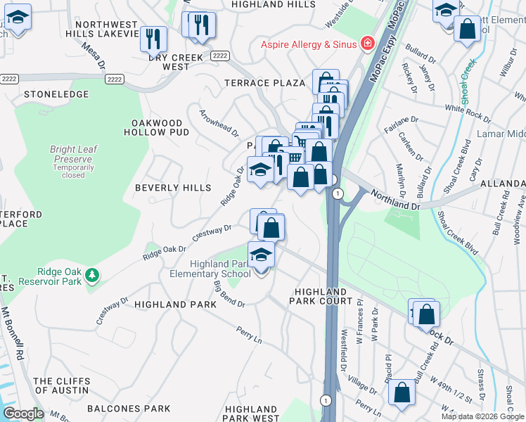 map of restaurants, bars, coffee shops, grocery stores, and more near 5112 Crestway Drive in Austin