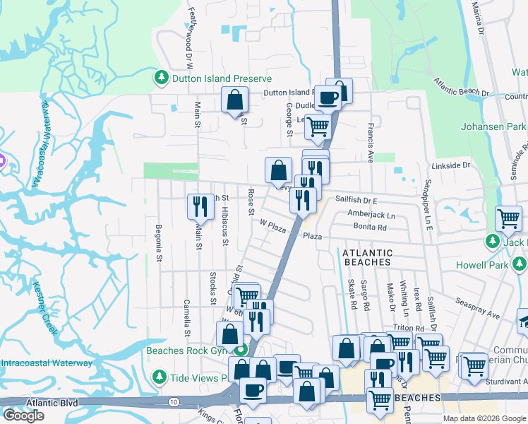 map of restaurants, bars, coffee shops, grocery stores, and more near 85 West 13th Street in Atlantic Beach